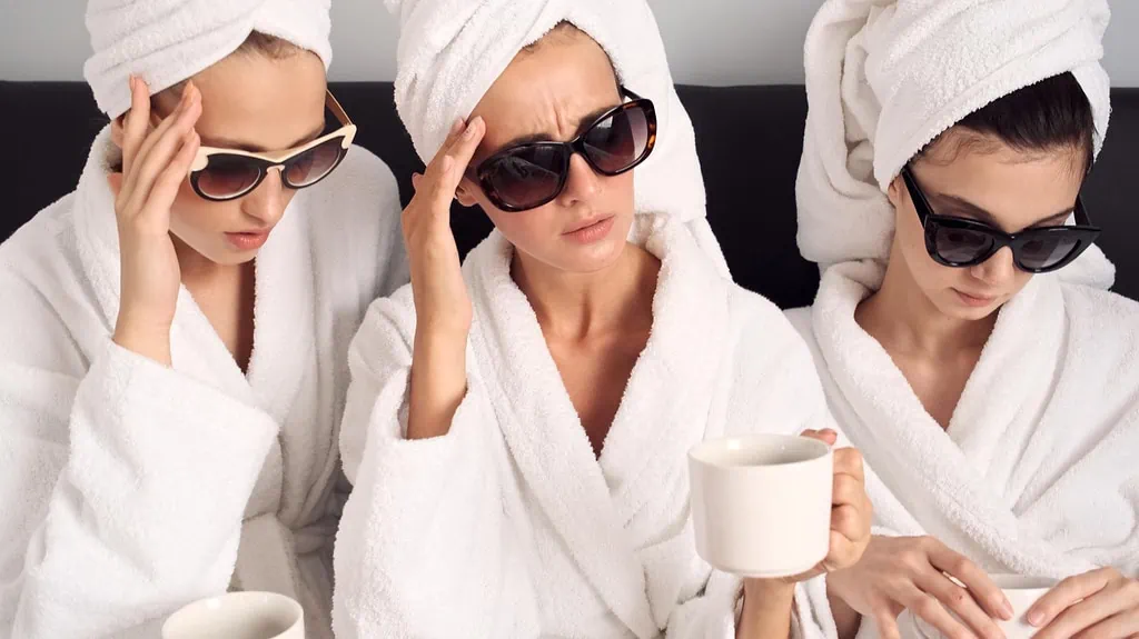 Women in white bathrobes, sunglasses, head towels, holding coffee.